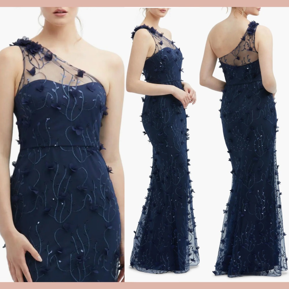 NEW Dessy Collection [ 10 ] 3133 Floral Appliqué One-Shoulder Gown Midnigh Q1251